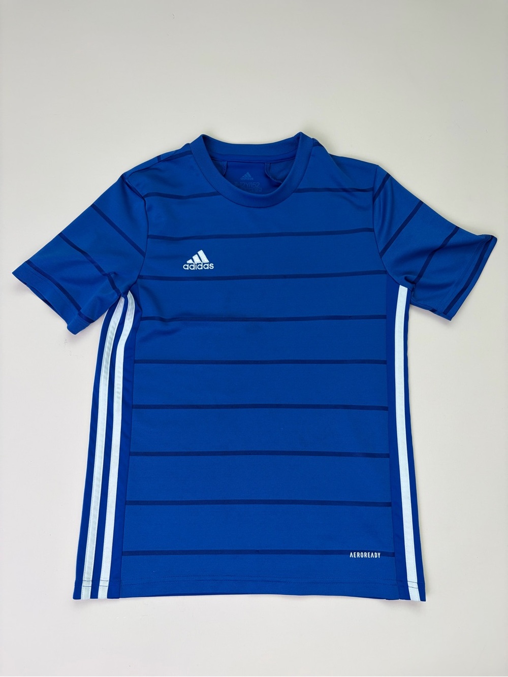 adidas Boy’s Blue Short Sleeve Athletic Tee with White Side Stripes | Size M